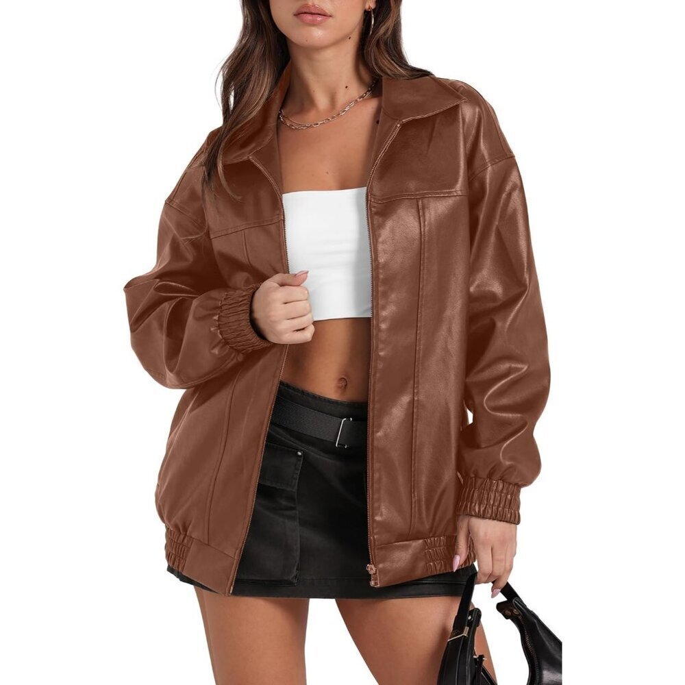 🆕Women Caramel Faux Leather Oversized Motorcycle Bomber Jacket Coat